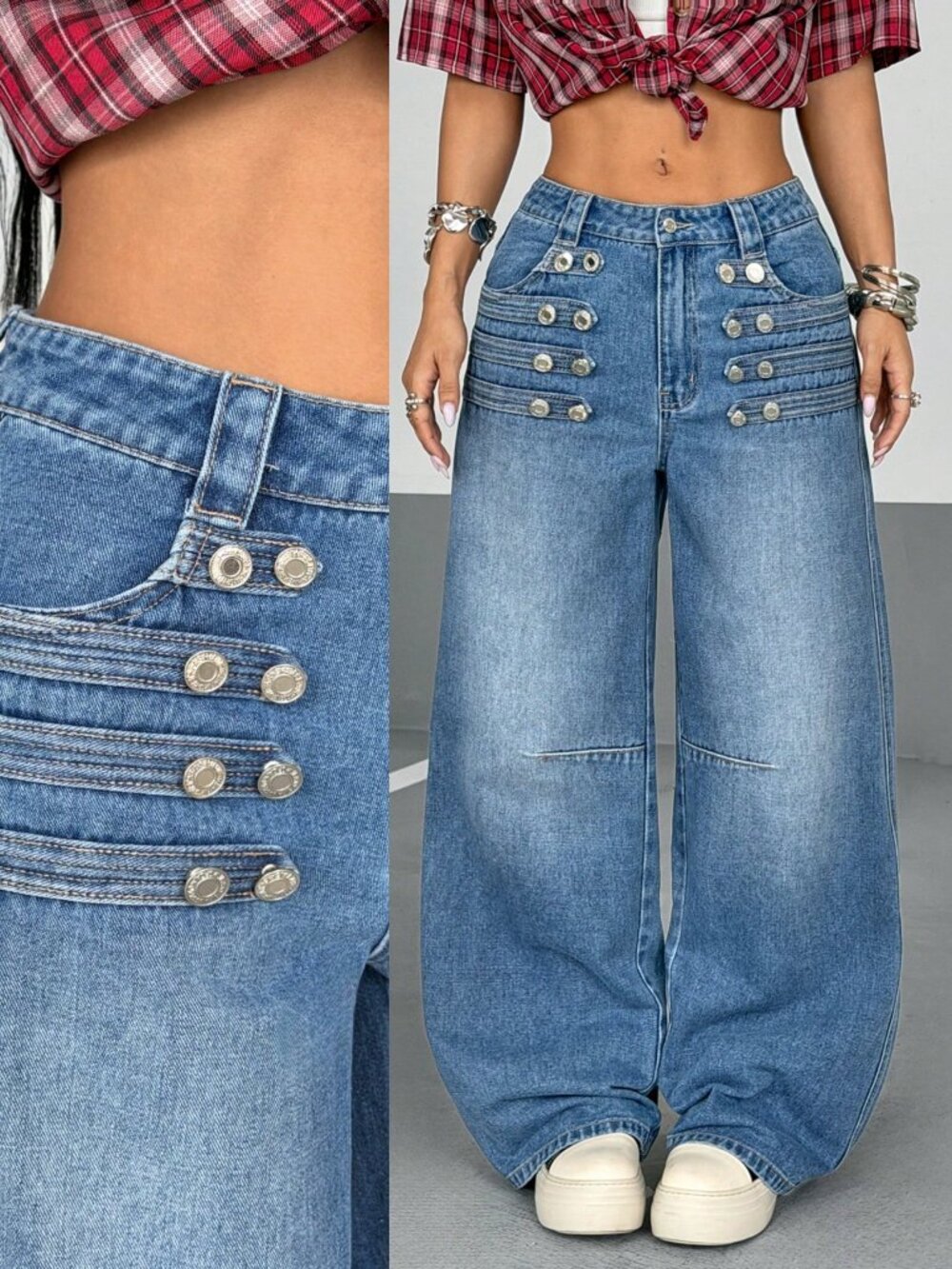 Blue Casual Women's Straight Leg Denim Jeans With Pockets And Buttons